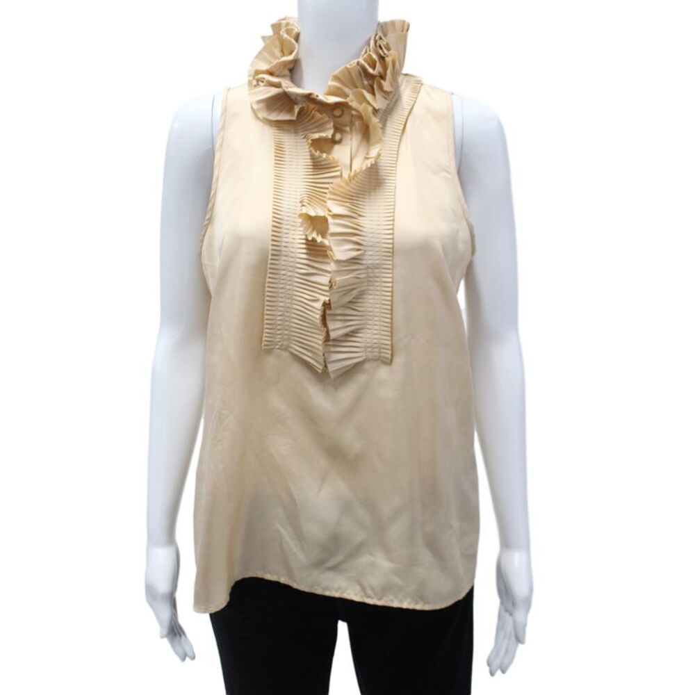 J Crew Women Sleeveless Silk Tunic High Neck Button Beige Size 6